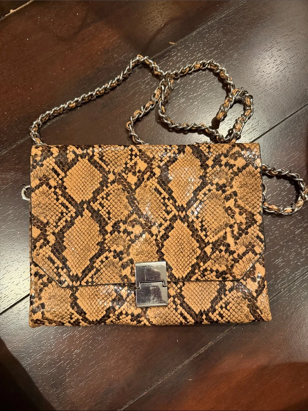 Zara Tan and Black Snake-Print Crossbody Bag with Chain Strap